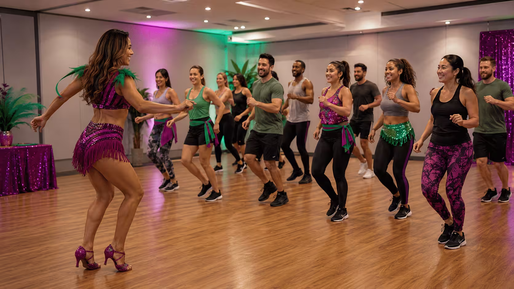 Private samba workshop group learning a routine together in an event room